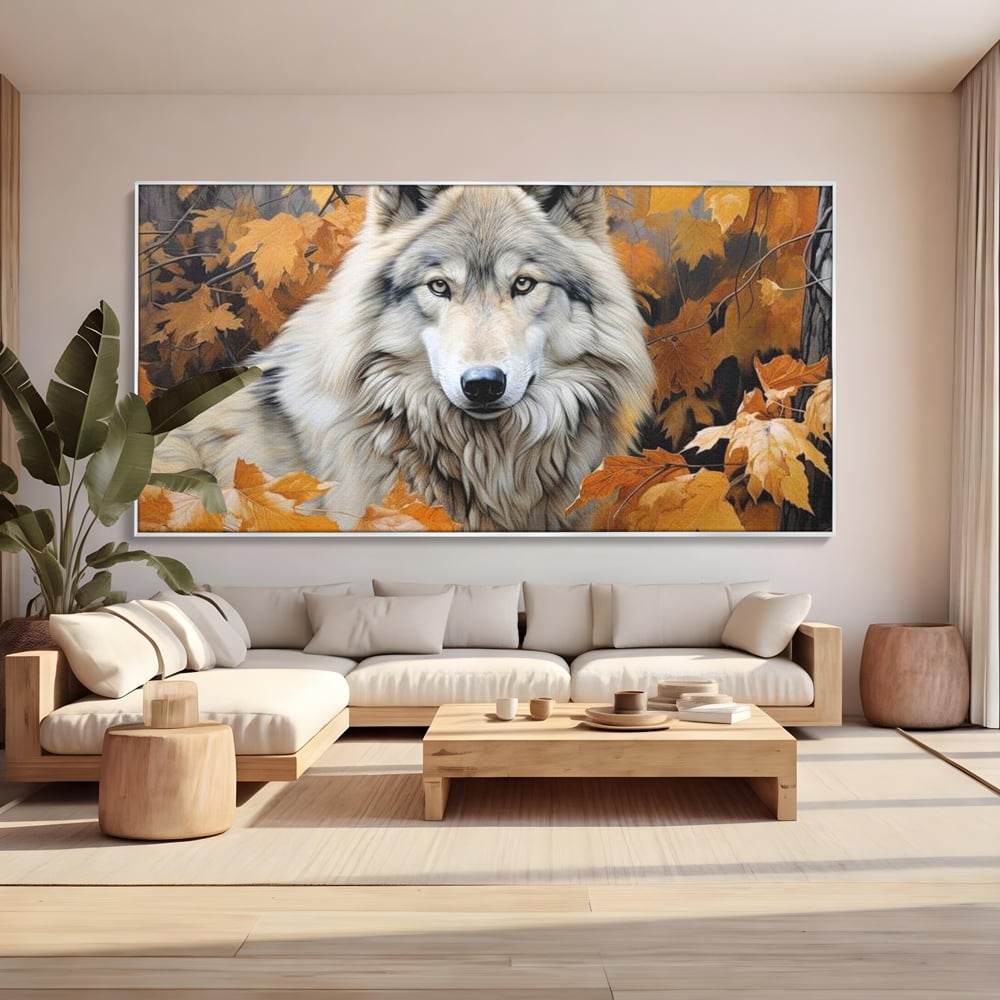 Tablou canvas cu tablou canvas cu lup in toamna, in rama de aluminiu argintiu, pe perete intr-un living